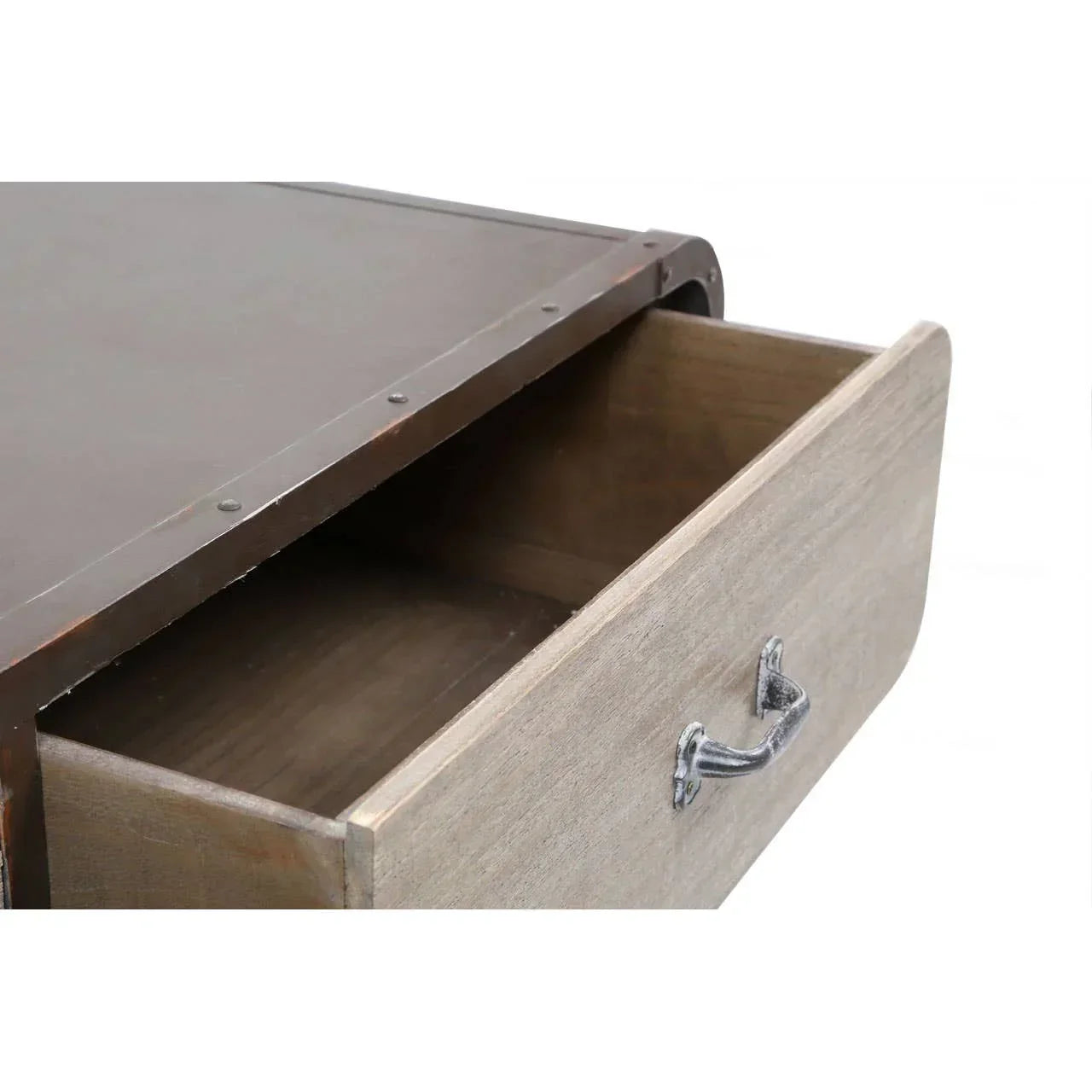 Wooden drawer unit with metal handle and dark brown top, close-up of open drawer
