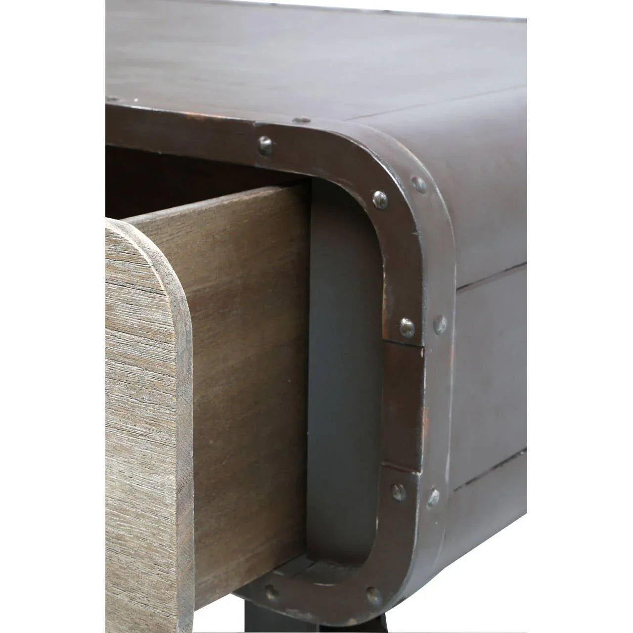 Industrial metal and wood desk with open drawer, showing rivet detail and rustic finish