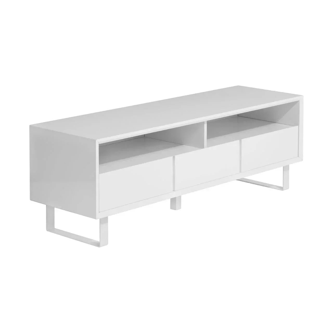 White TV stand with open shelves and drawers on metal legs, angled front view