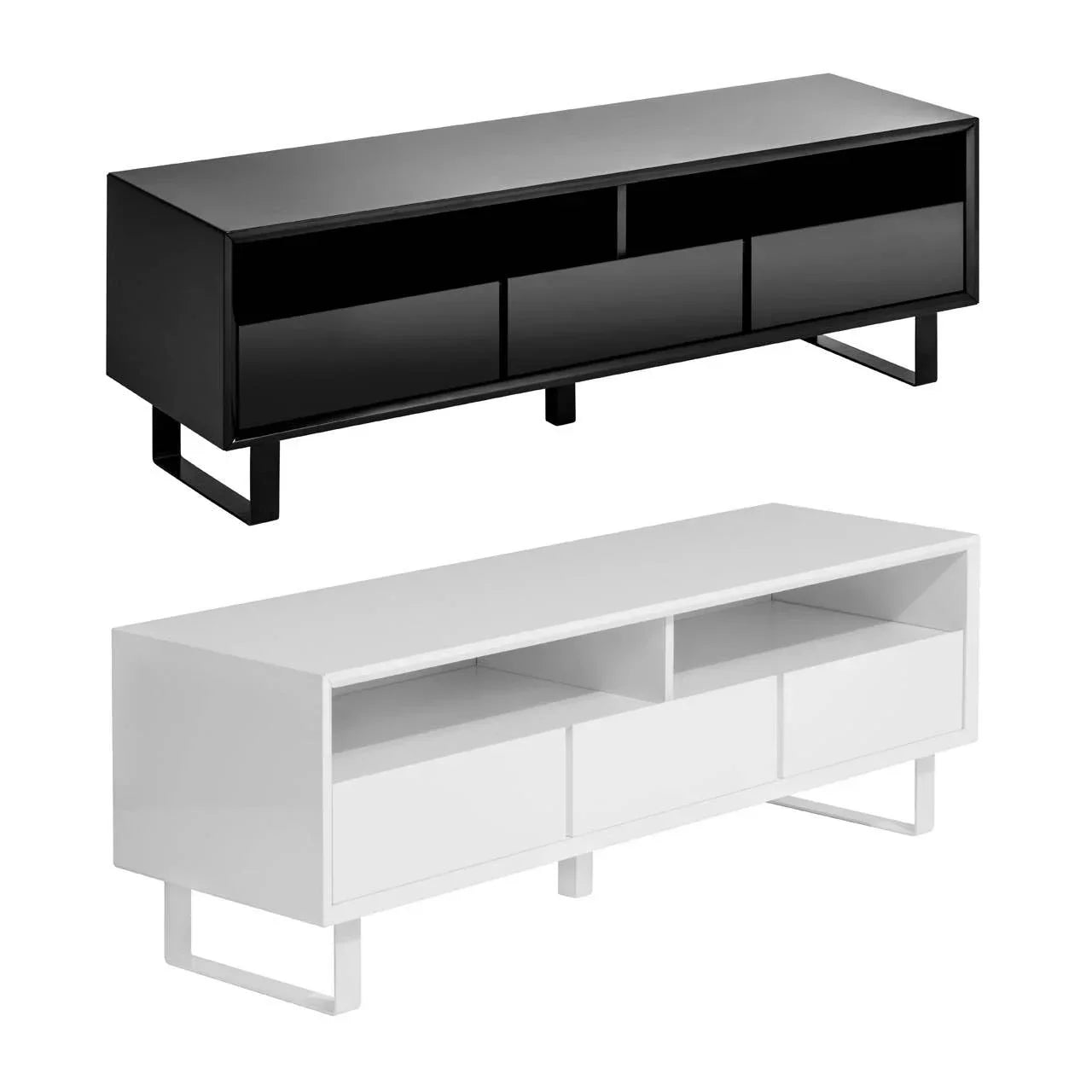 Modern TV unit in black and white finishes with open shelves and storage drawers