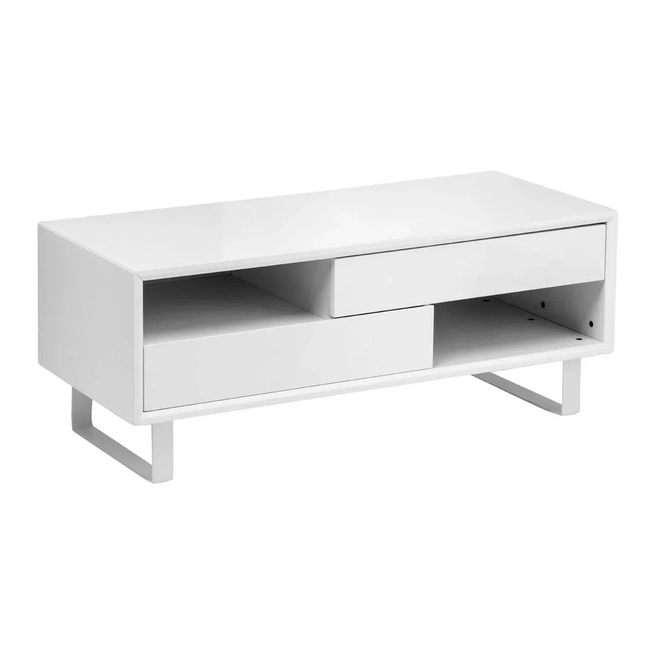 White modern coffee table with storage shelves and drawers, rectangular shape, metal legs
