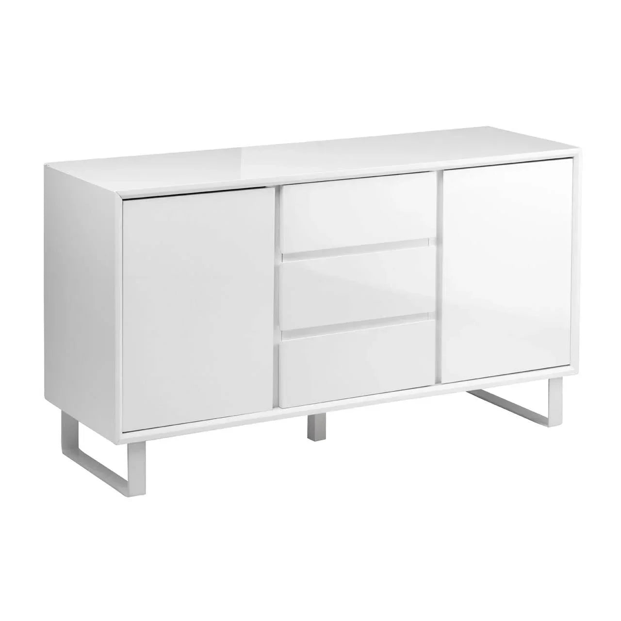 White gloss sideboard with two doors and three drawers, modern metal legs, front view