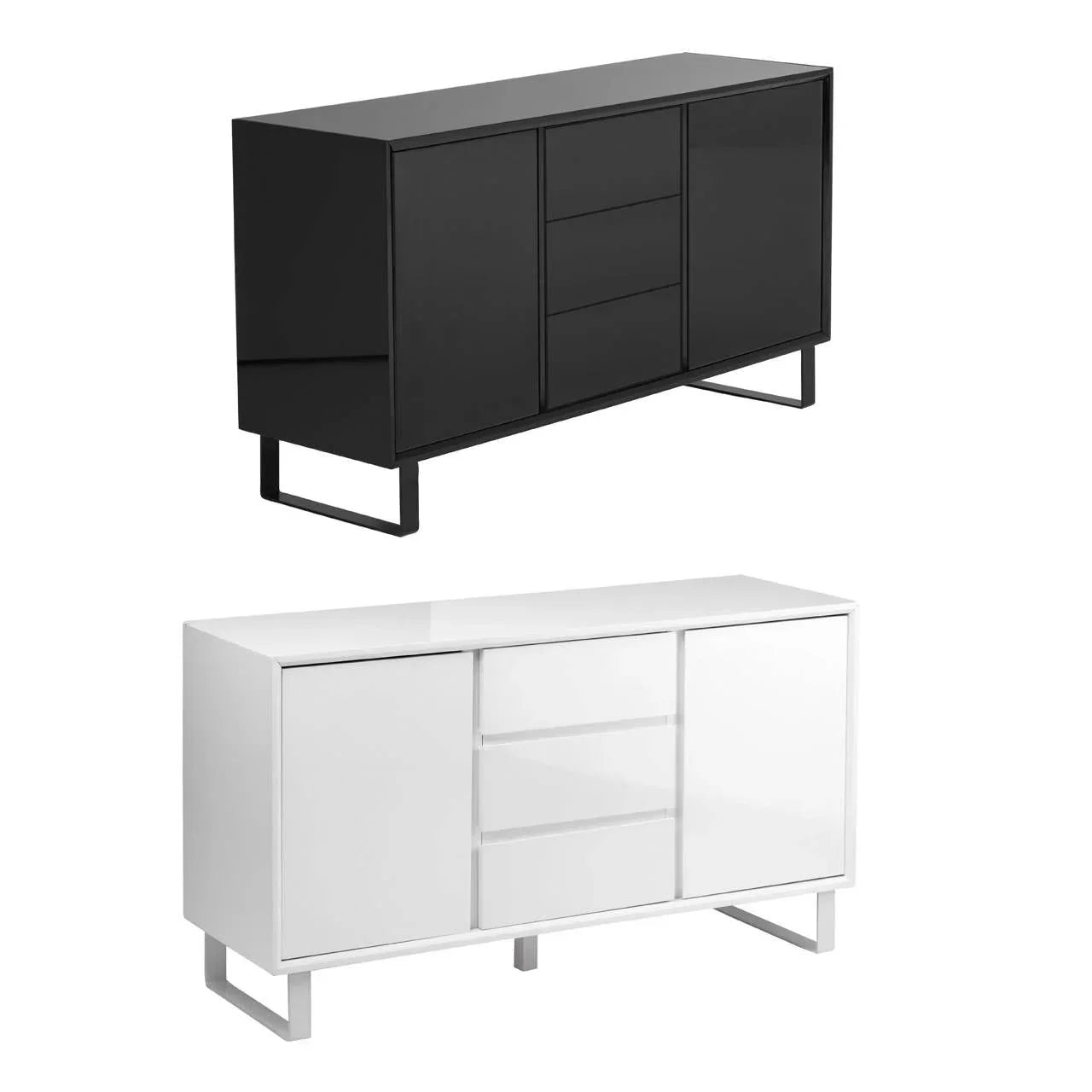 Black and white gloss sideboards with three central drawers and two side cabinets