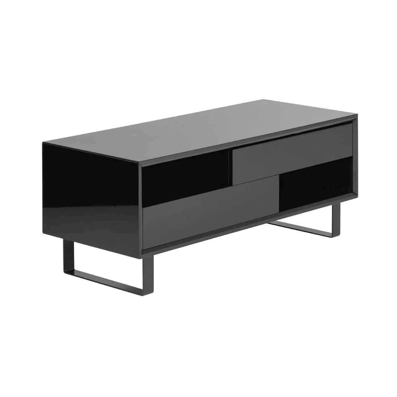 Black gloss coffee table with metal legs and storage drawers, side angle view