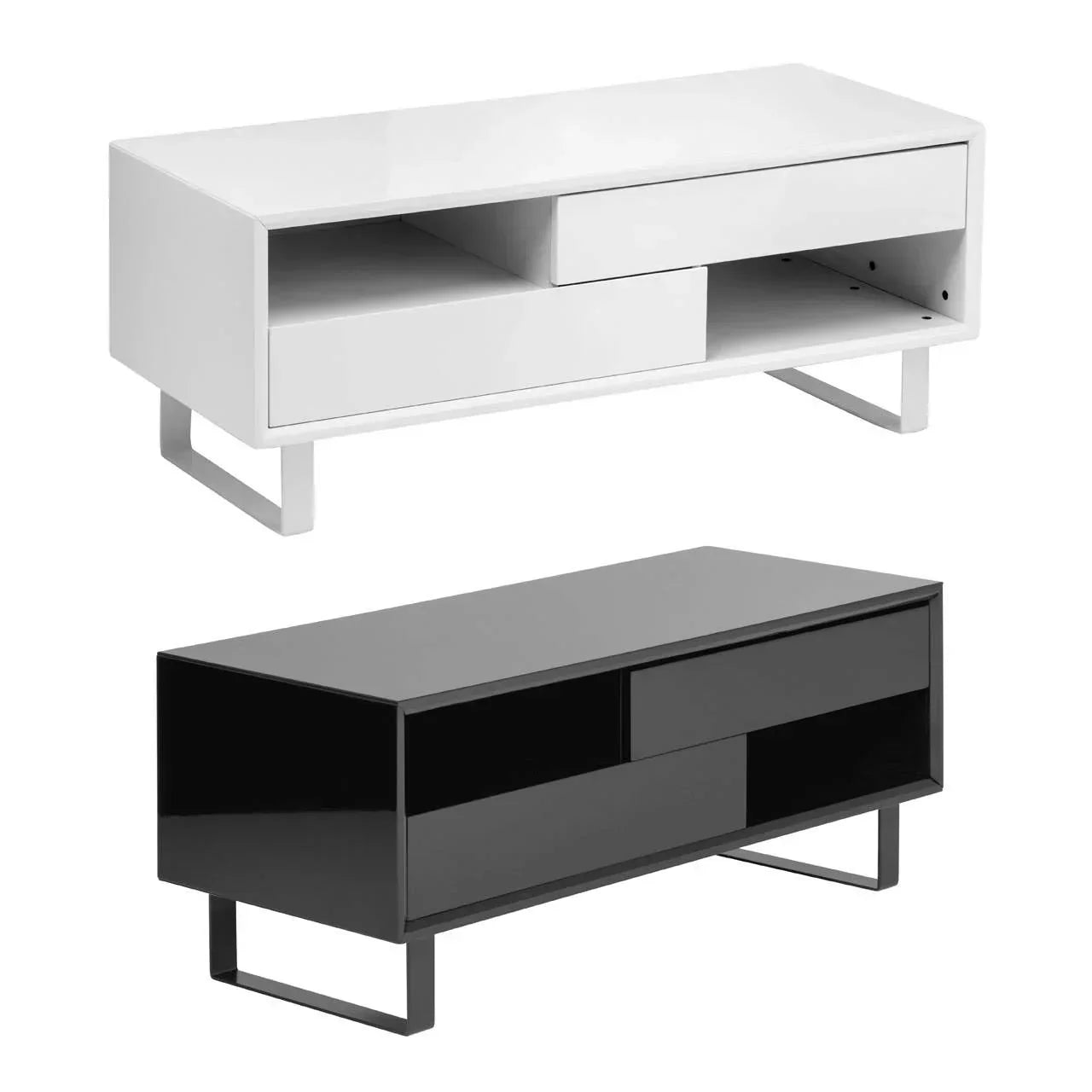 Modern TV units in white and black gloss finish with open shelves and drawers, front view
