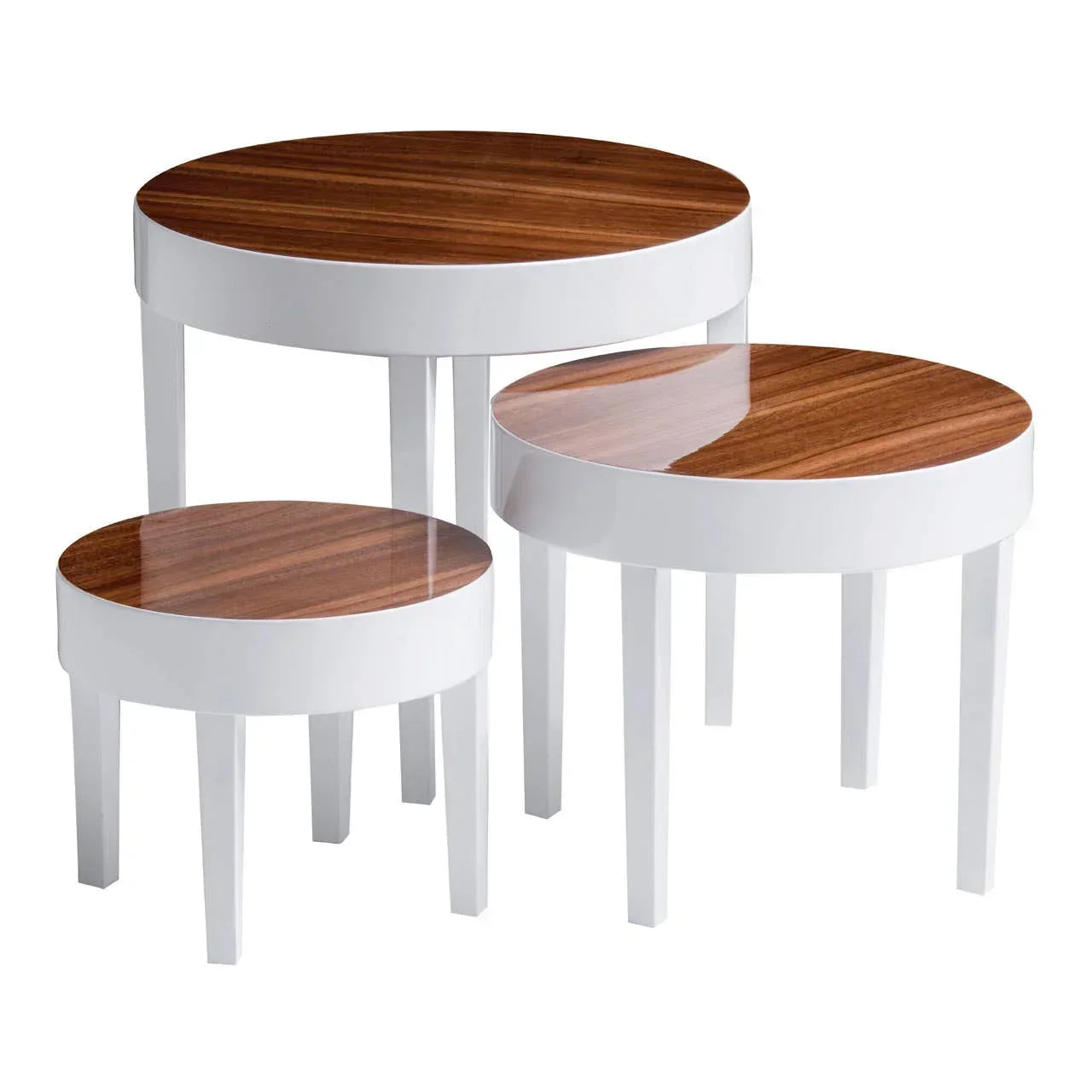 Set of three round nesting tables with white legs and wood finish tops