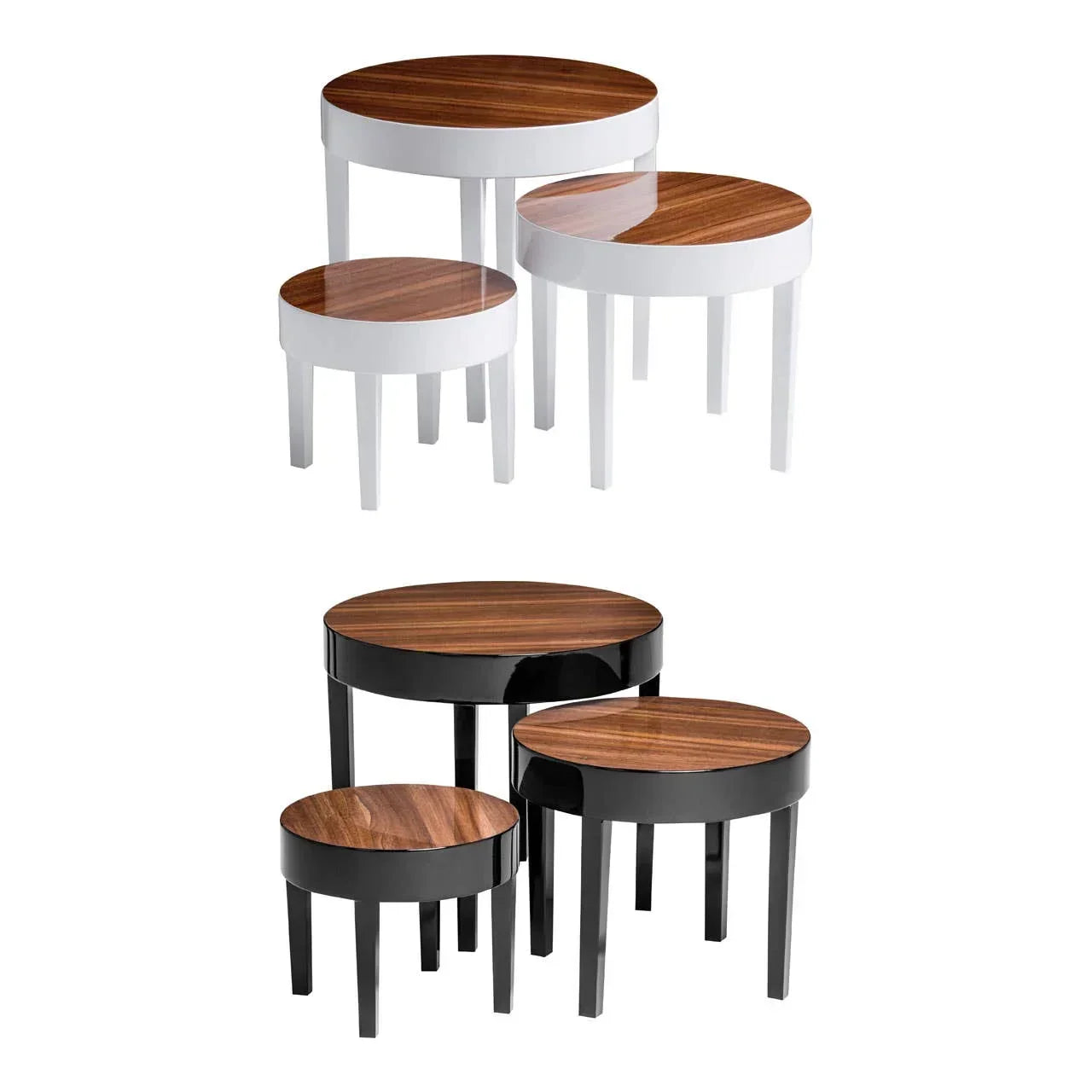 Round nest of tables set with walnut tops and white or black legs, modern living room furniture