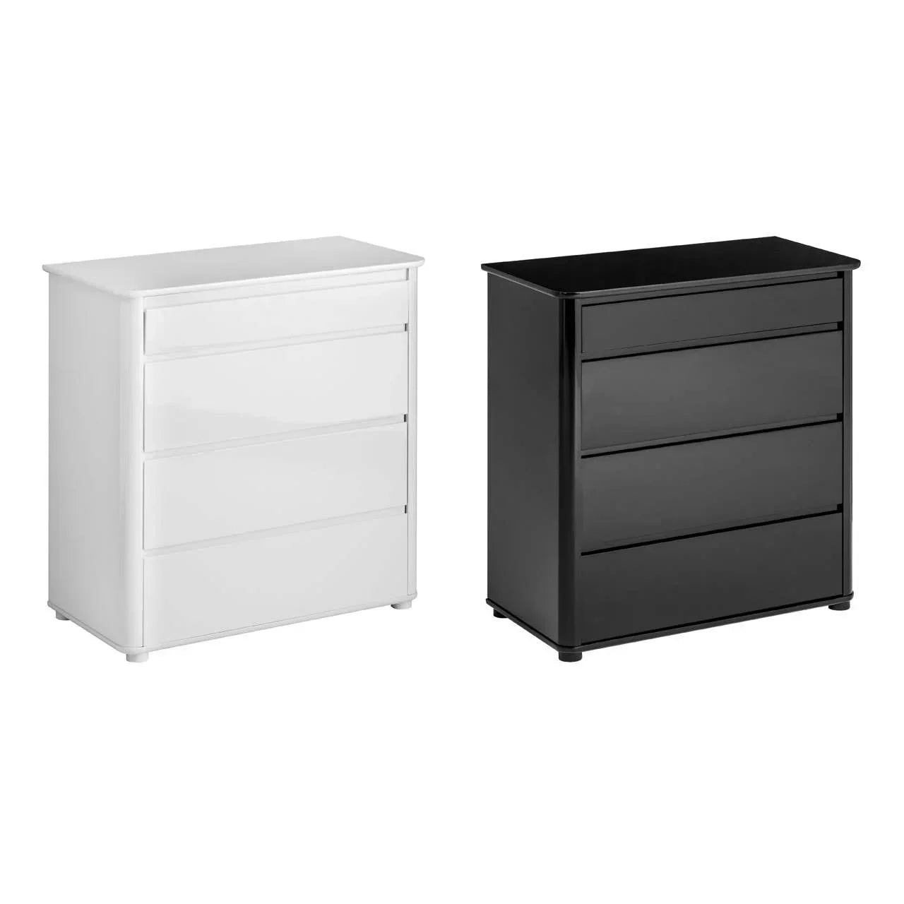 White and black chest of drawers with four spacious drawers, side by side on white background