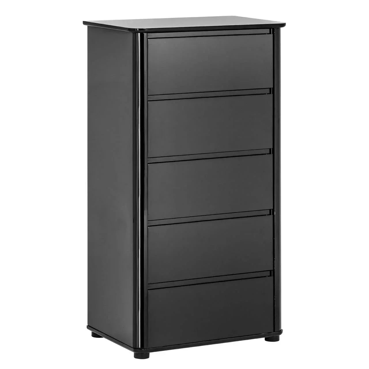 Black five drawer chest in high gloss finish with minimalist handle-free design