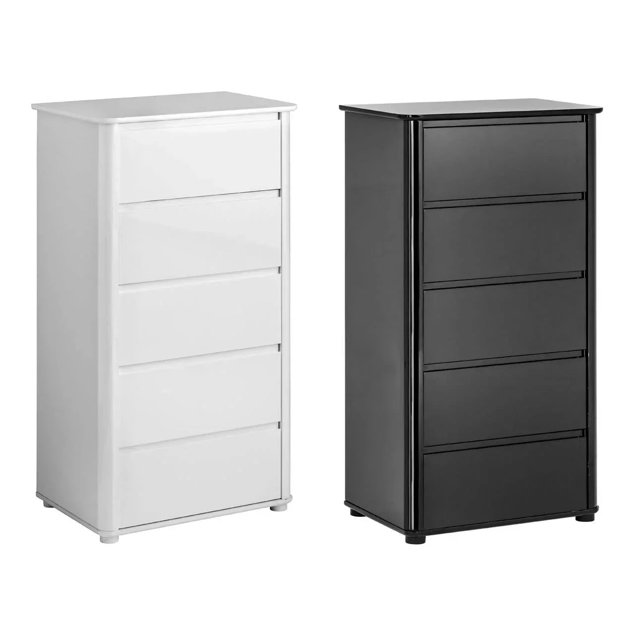 White and black five drawer chests with modern handleless design, standing side by side