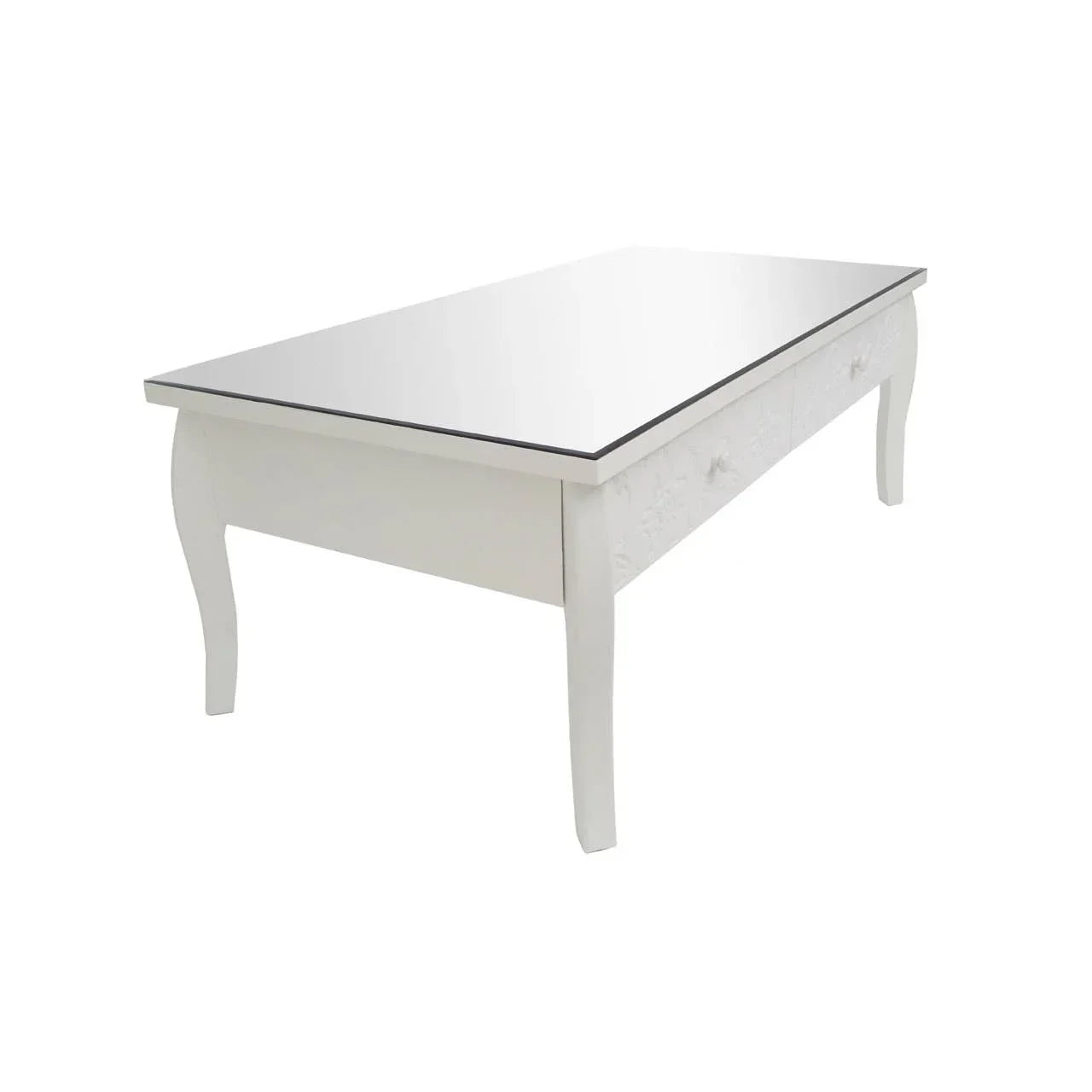 White coffee table with mirrored top and curved legs, side view