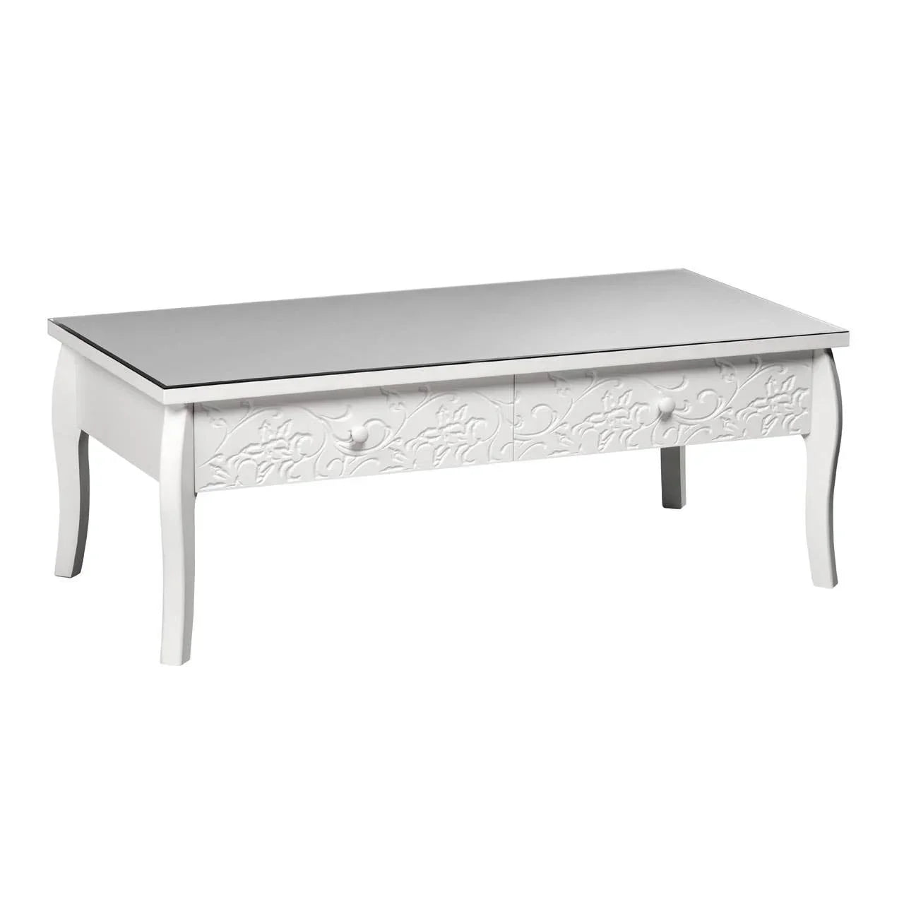 White coffee table with mirrored top and decorative carved drawers, front angle view