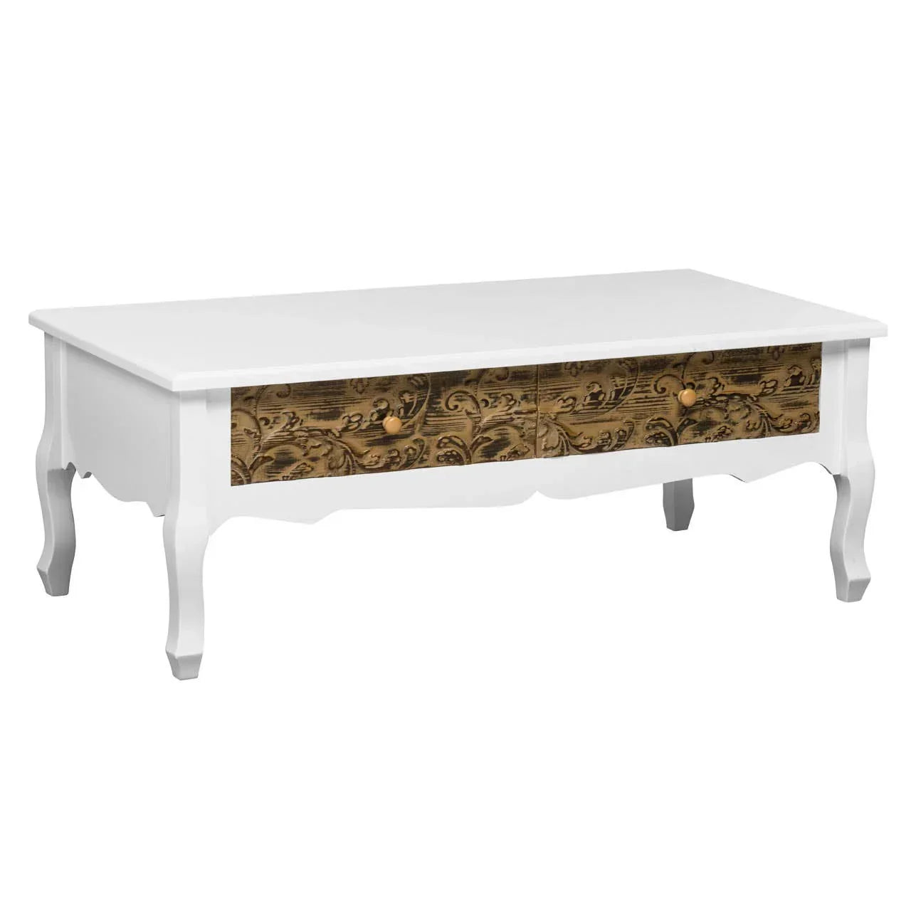 White coffee table with ornate wooden drawers and curved legs, front angle view