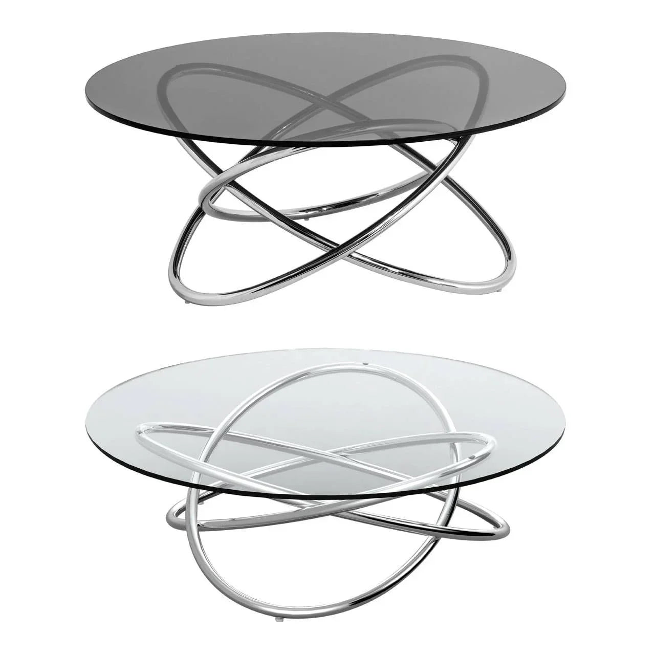 Round glass coffee tables with chrome loop bases in smoked and clear glass finishes