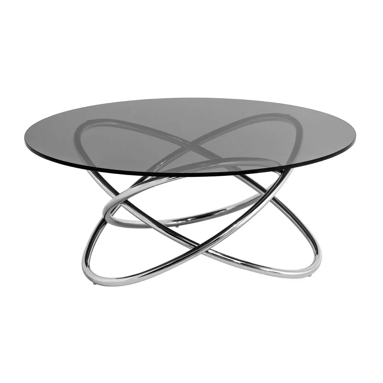 Round glass coffee table with chrome metal base in interlocking loop design