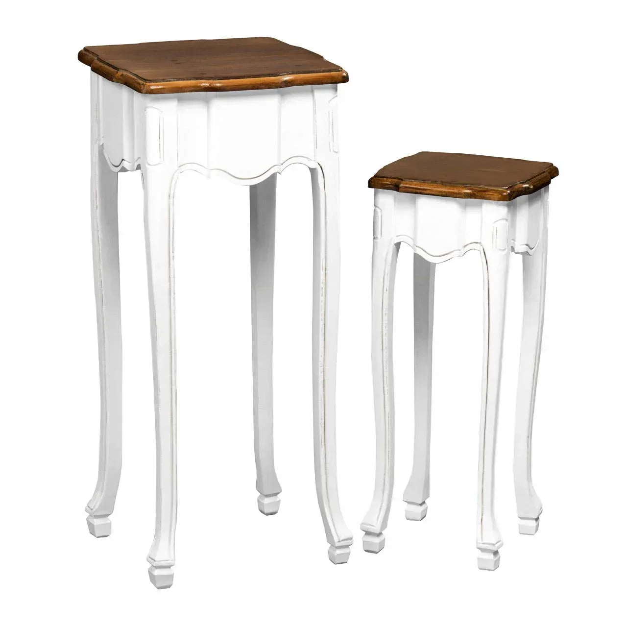 Nest of tables set with white carved legs and brown wooden tops, side by side