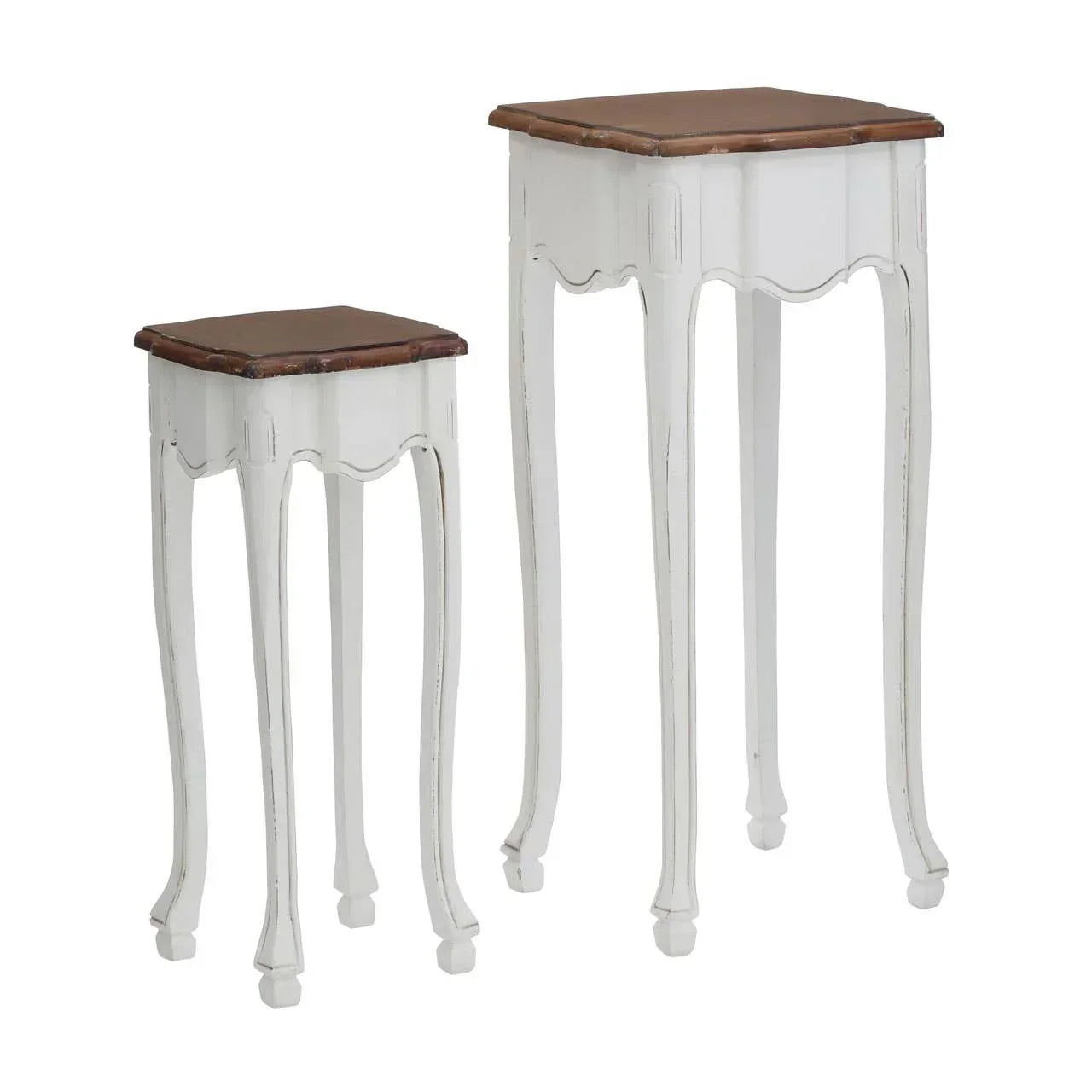 Set of two white wooden nest tables with brown tops and curved legs