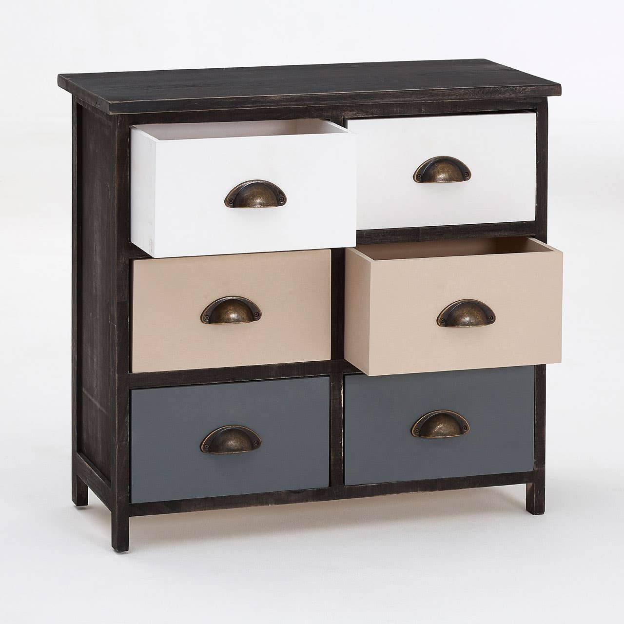A wooden chest with six drawers in a mix of colors including white, beige, and gray, featuring metal handles, and a dark wood frame. The chest has a flat top surface and stands on four legs