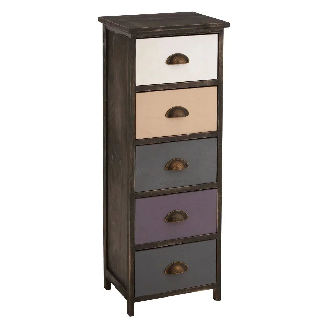 Tall wooden chest of drawers with five multicolored drawers and bronze handles