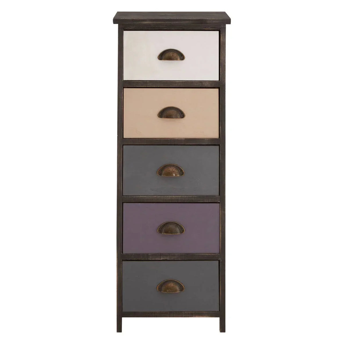 Tall chest of drawers with five multicoloured fronts and bronze cup handles
