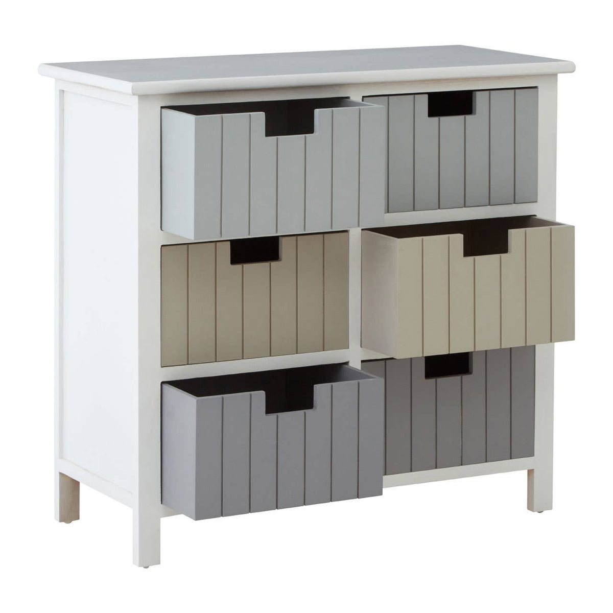 A white chest of drawers featuring six fabric storage bins in varying shades of gray and beige, with a smooth top surface and wooden legs. The bins have a ribbed texture and black handles for easy access