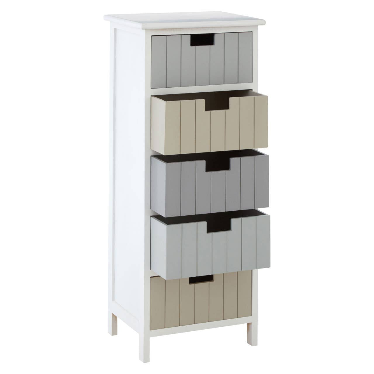 Tall white chest of drawers featuring five fabric drawers in beige, gray, and white, with cut-out handles, resting on slender legs. The top drawer is slightly smaller than the four larger drawers below it