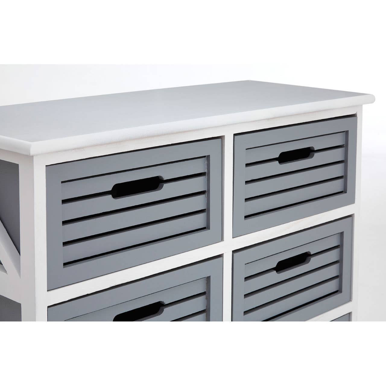 A furniture unit featuring a white top and six grey drawers with horizontal slats, each equipped with a cut-out handle for easy access. The unit has a clean, modern design suitable for home organization