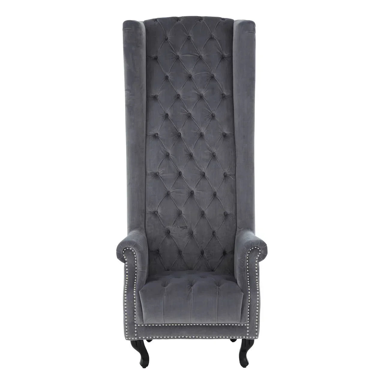 Grey velvet high back accent chair with button tufting and silver studded trim