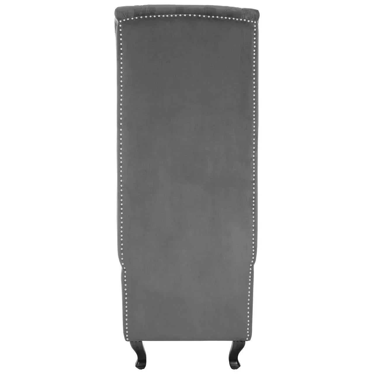 Grey velvet dining chair with silver stud trim and dark wood legs, rear view
