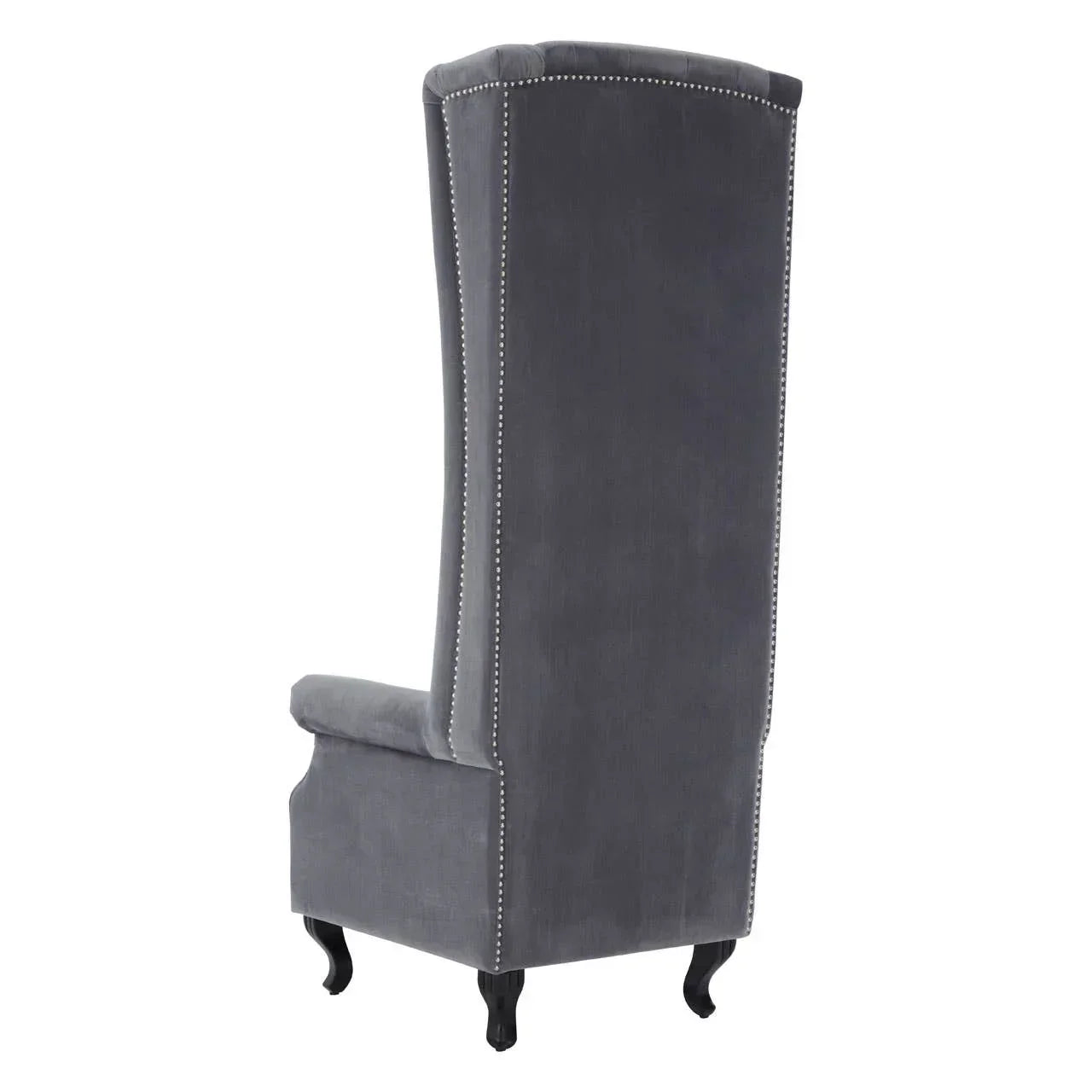 Grey velvet high back armchair rear view with nailhead trim and black cabriole legs