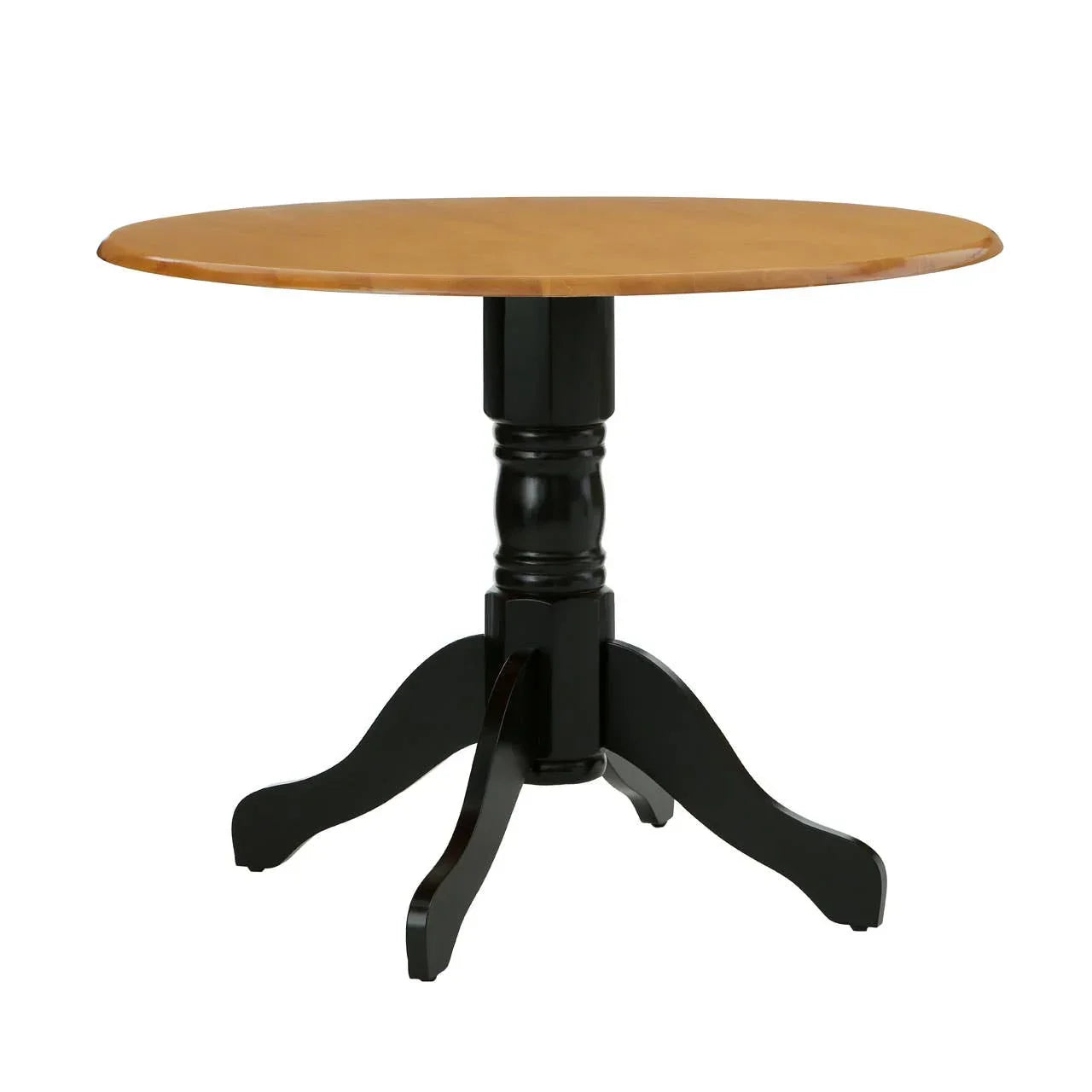 Round wooden dining table with natural top and black pedestal base on white background