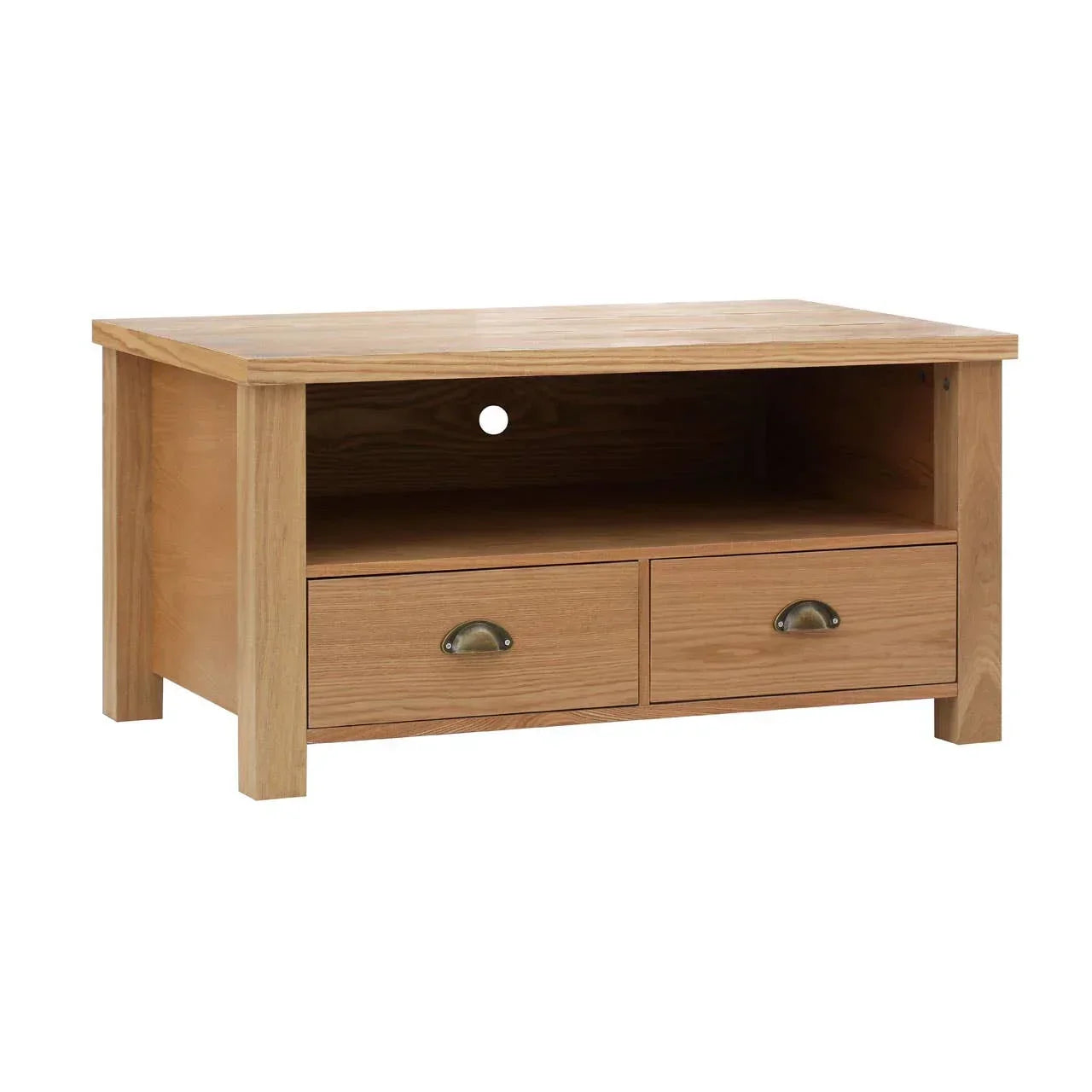 Oak TV unit with open shelf, cable hole, and two drawers with metal handles