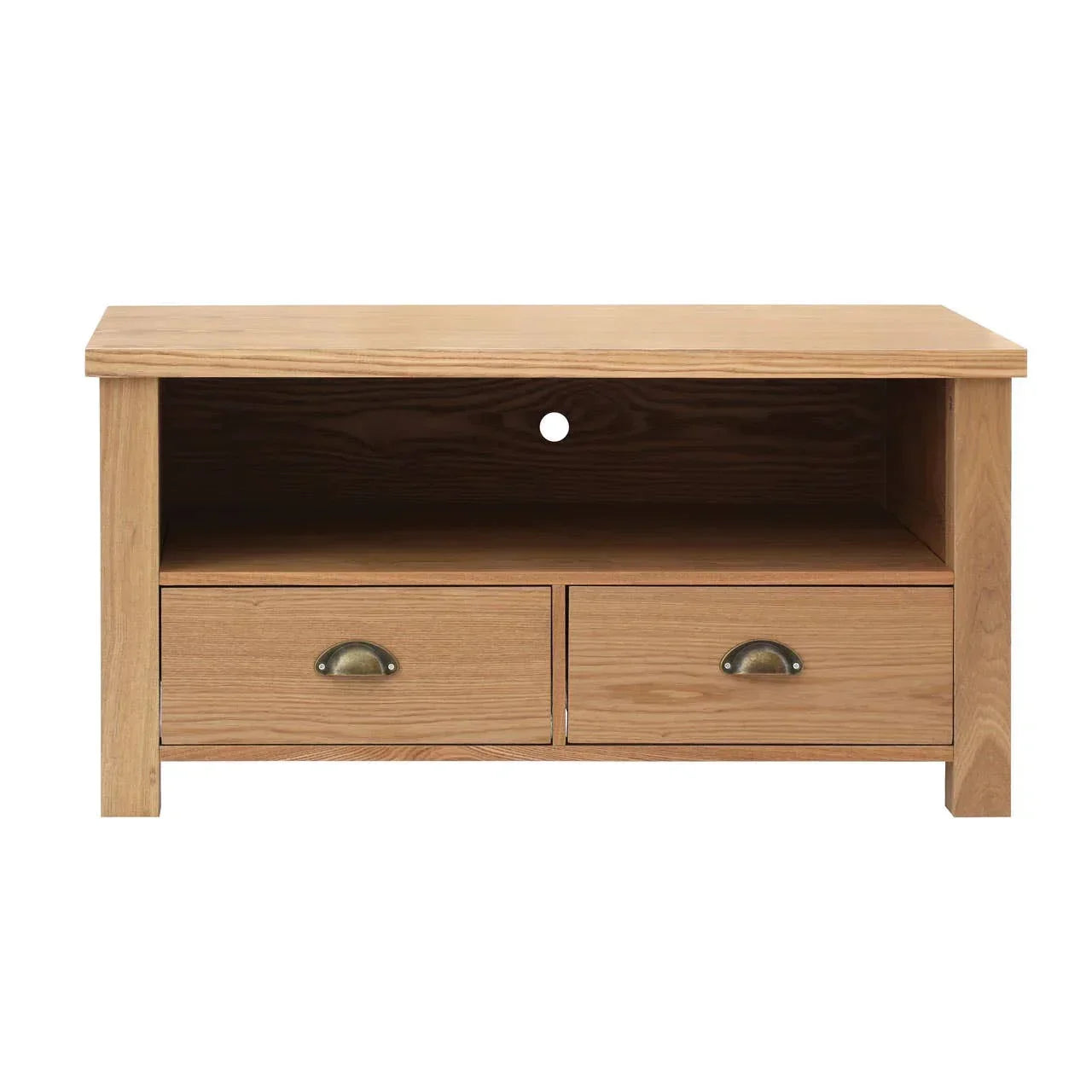 Oak TV unit with open shelf and two drawers, metal handles and cable access hole