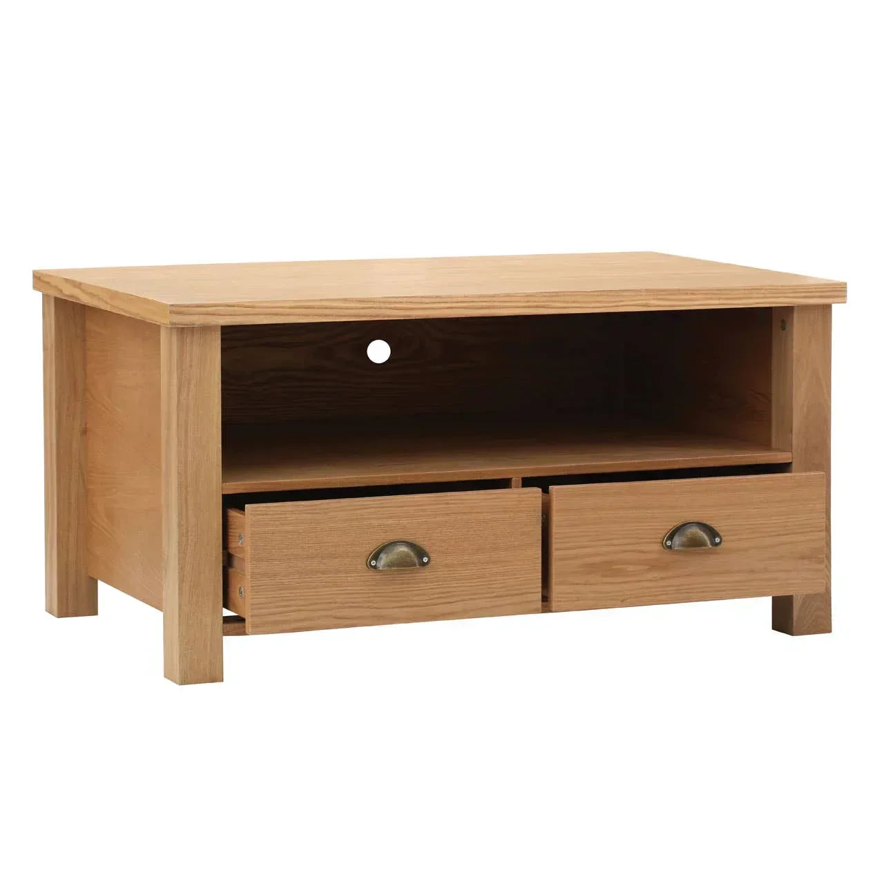 Oak TV unit with open shelf and two storage drawers, brass handles, cable hole at back