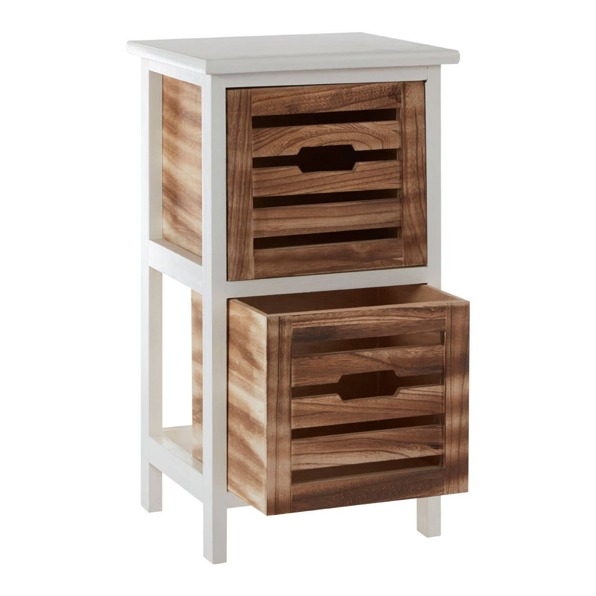 Two-drawer chest featuring a white frame with natural wood accents, showcasing slatted drawer fronts and a flat top surface. The chest stands on four legs, providing a modern and rustic aesthetic suitable for home decor