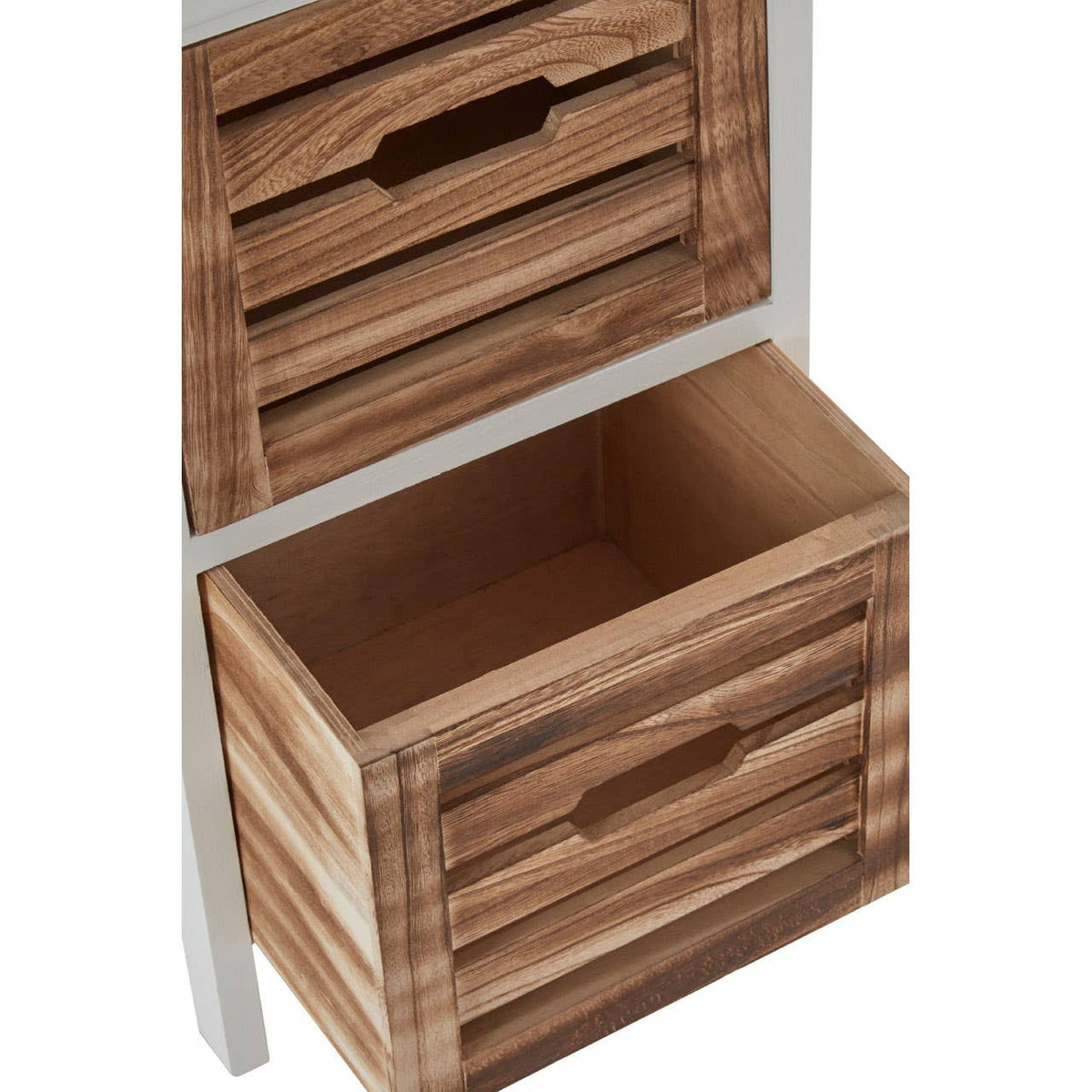 Wooden chest with two drawers, featuring a natural wood finish and horizontal slats on the front. The top drawer is slightly open, revealing the interior space. The chest has a simple, modern design suitable for home decor