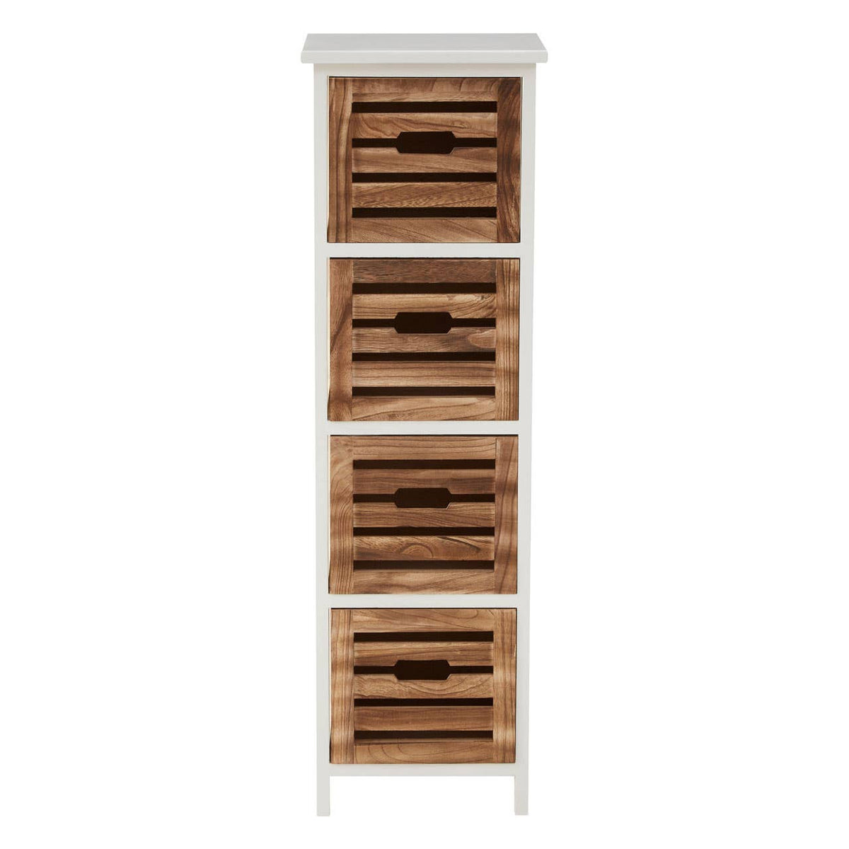 A tall, narrow chest of drawers featuring four wooden drawers with a slatted design, set against a white frame. The chest has a smooth top surface and slender legs, providing a modern and stylish look suitable for home decor