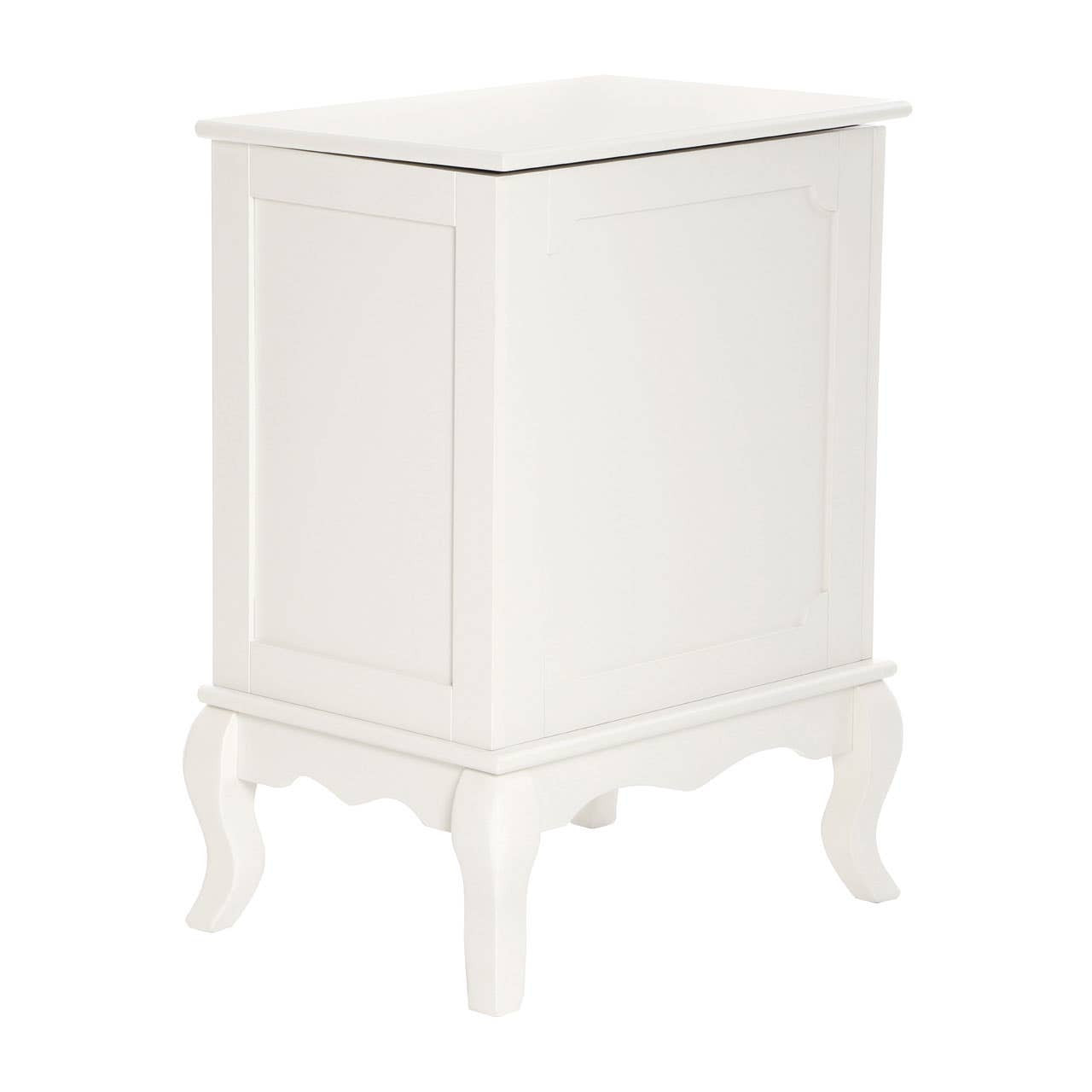 Ivory finish laundry hamper with a lift-up lid and decorative curved legs, featuring a simple and elegant design suitable for home decor