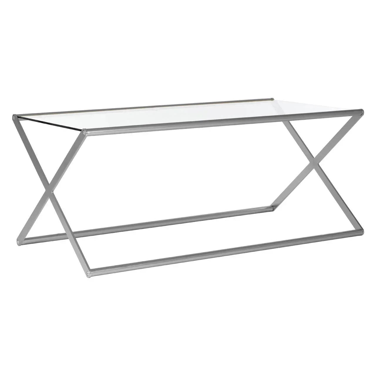 Modern glass coffee table with silver metal frame and geometric crossed leg design