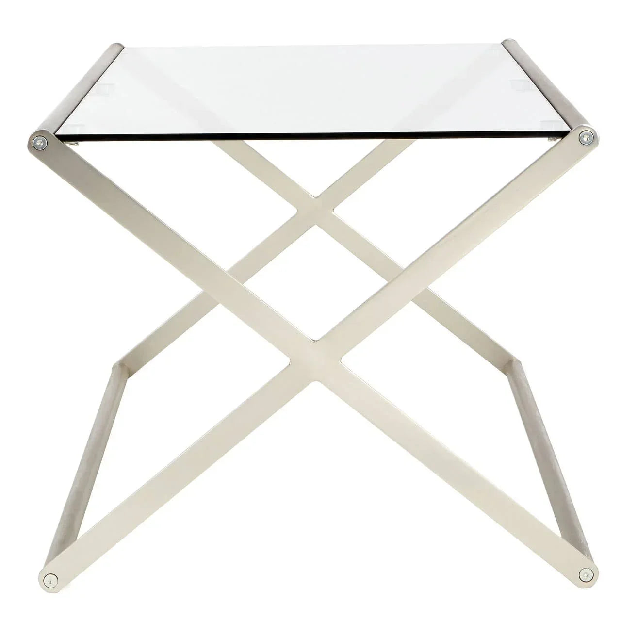 Glass top side table with silver metal X-frame base, modern minimalist design
