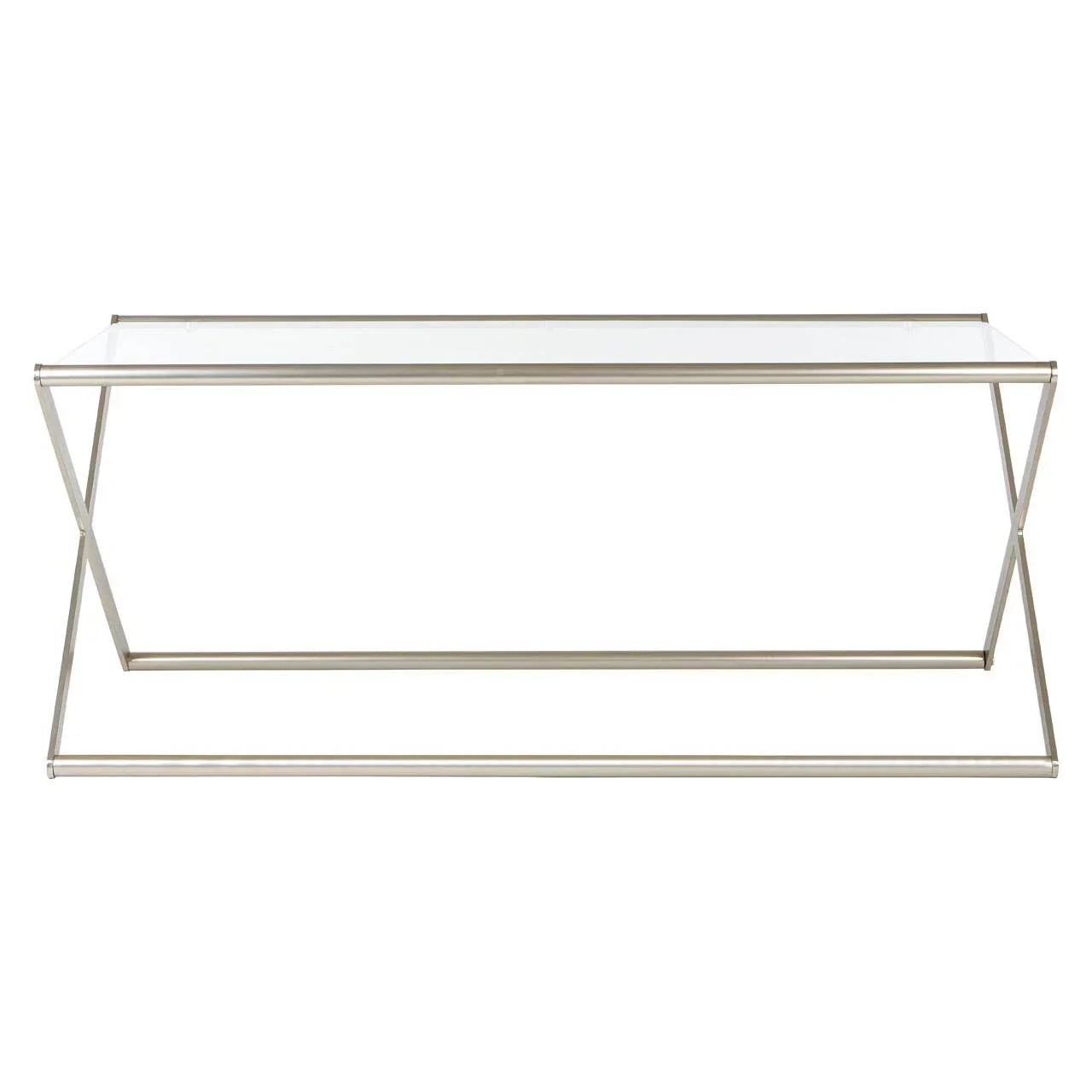 Glass console table with metal frame and crossed leg design, front view