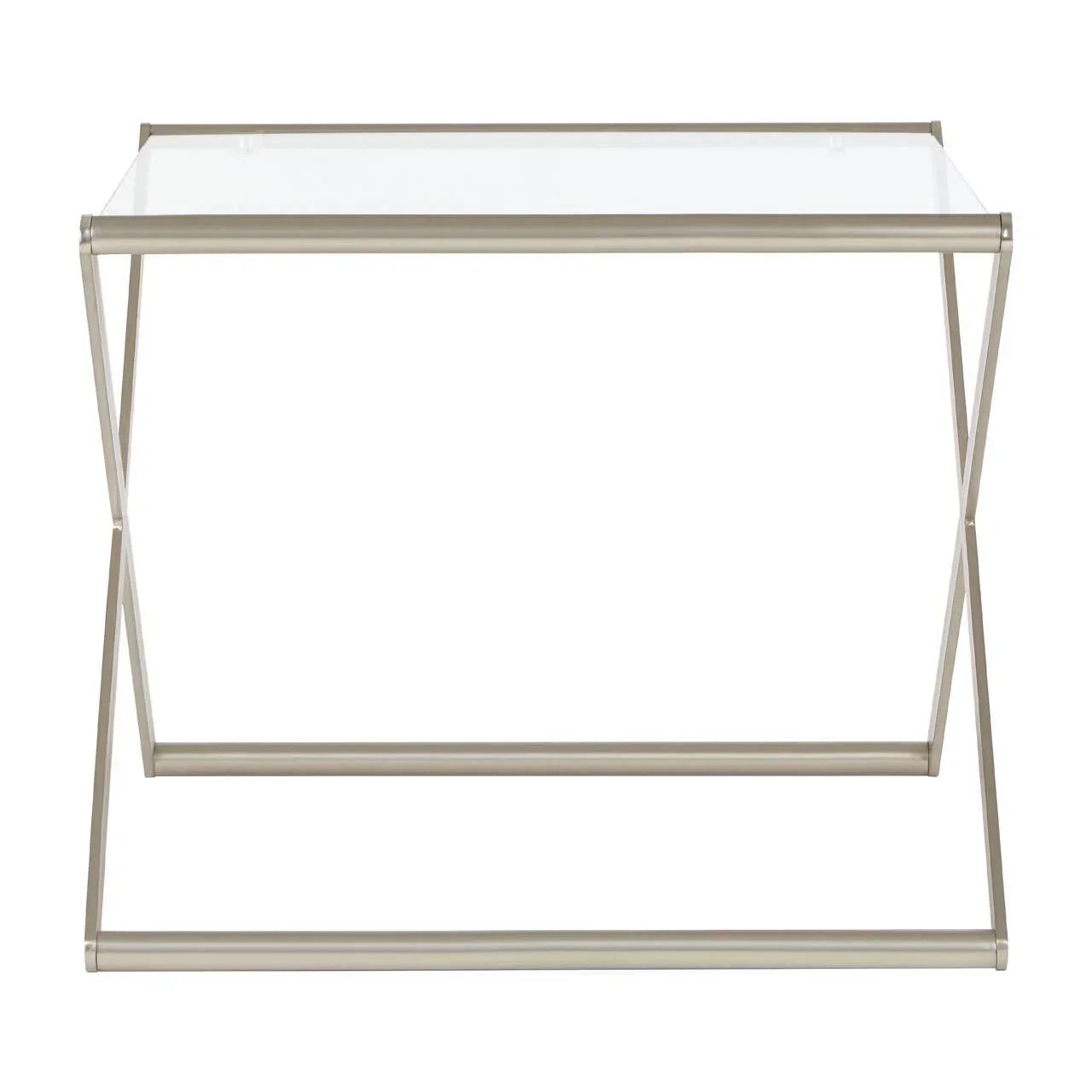 Glass console table with slim metal frame and modern geometric base, front view