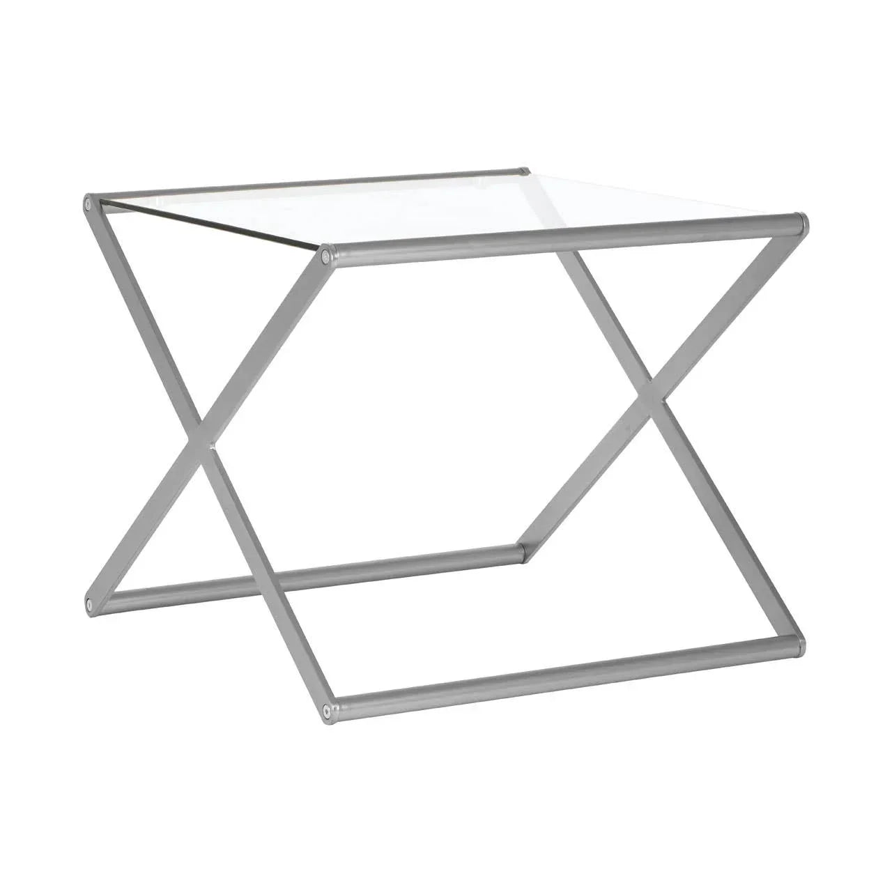 Modern glass top side table with silver metal X-frame base
