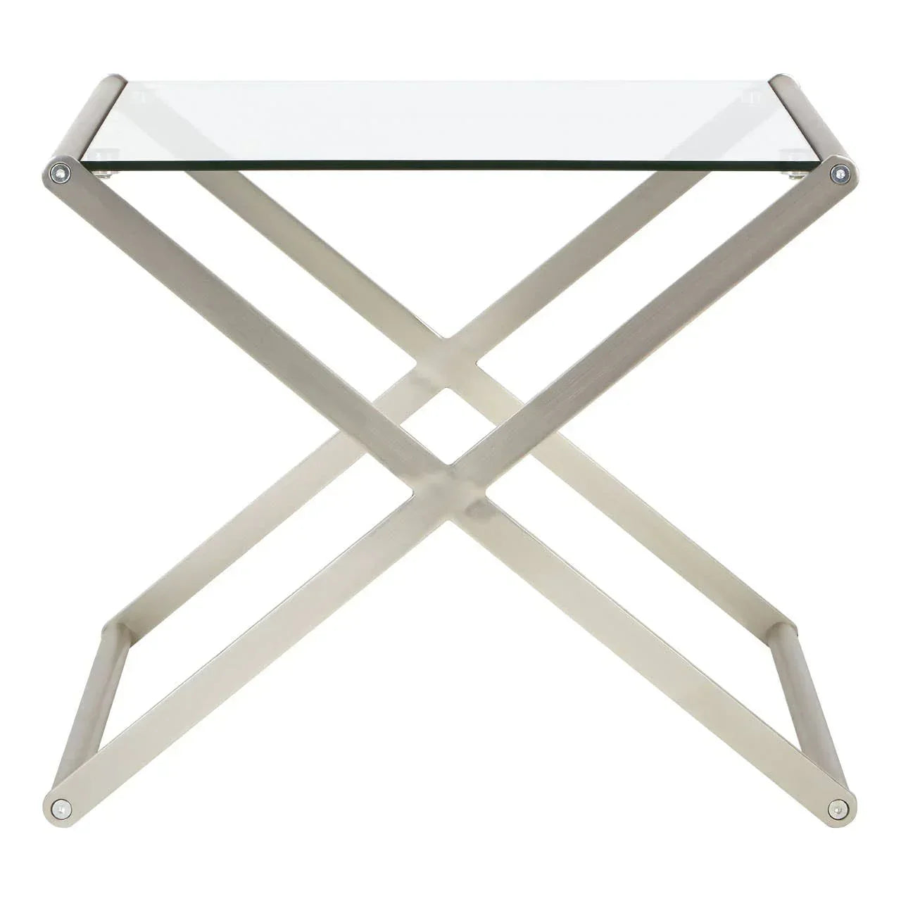 Glass top side table with brushed metal cross frame, modern accent furniture