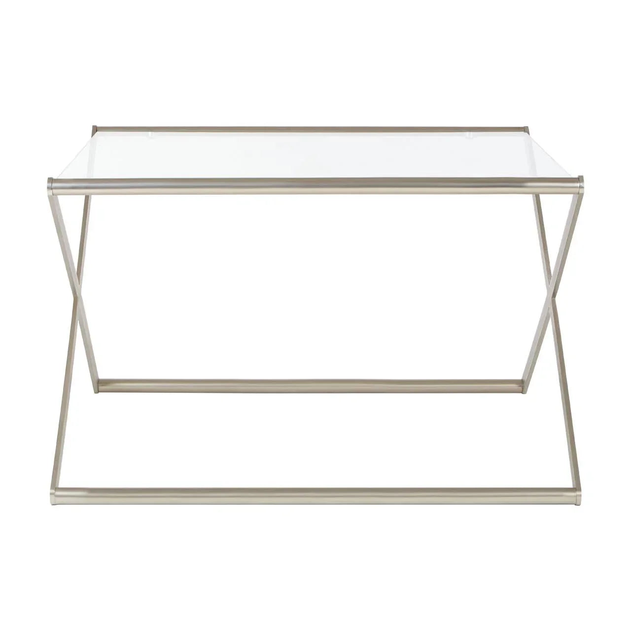 Glass top console table with silver metal frame and modern angular design