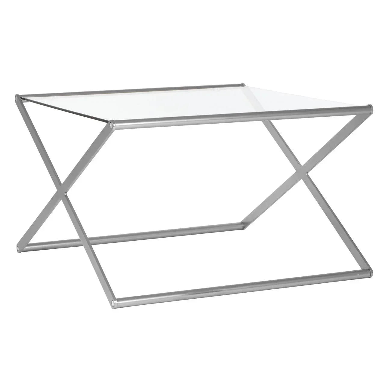 Glass top coffee table with silver metal frame in angular geometric design