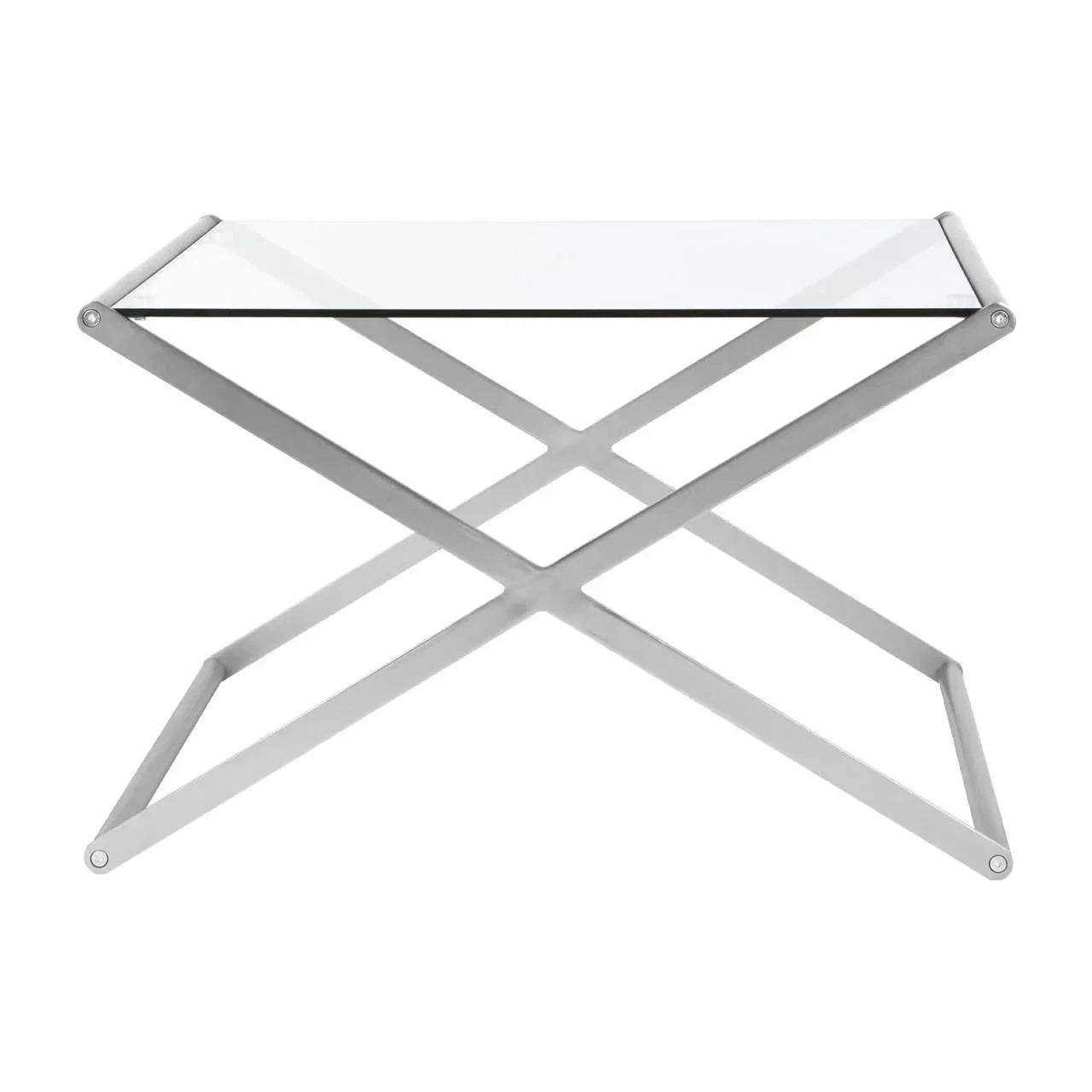 Glass top console table with silver metal X-frame base on white background