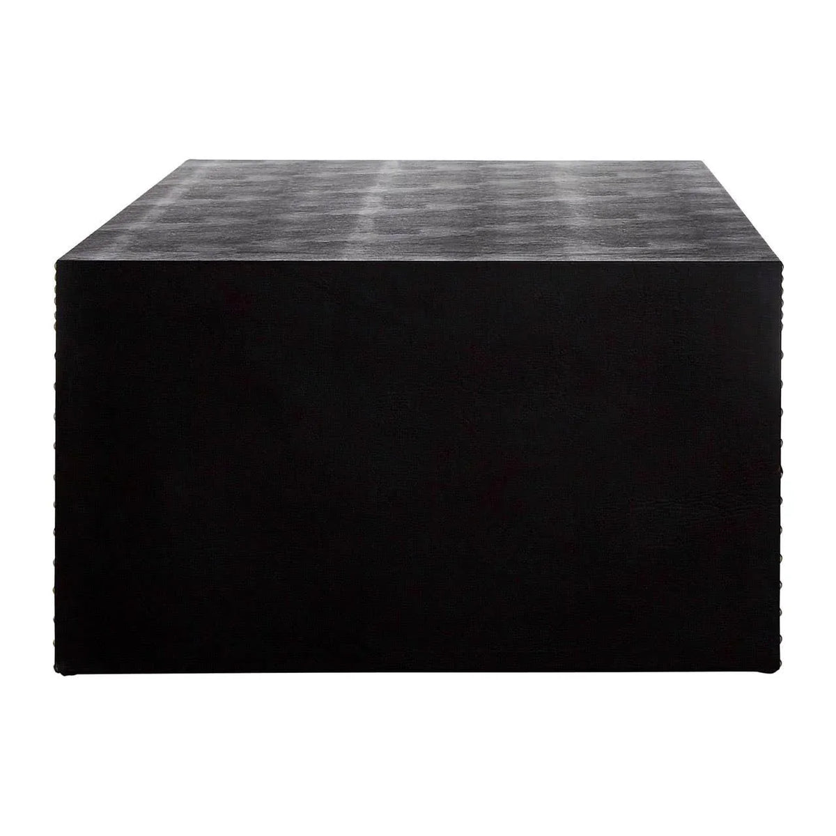 Black square coffee table with textured top, front angle view