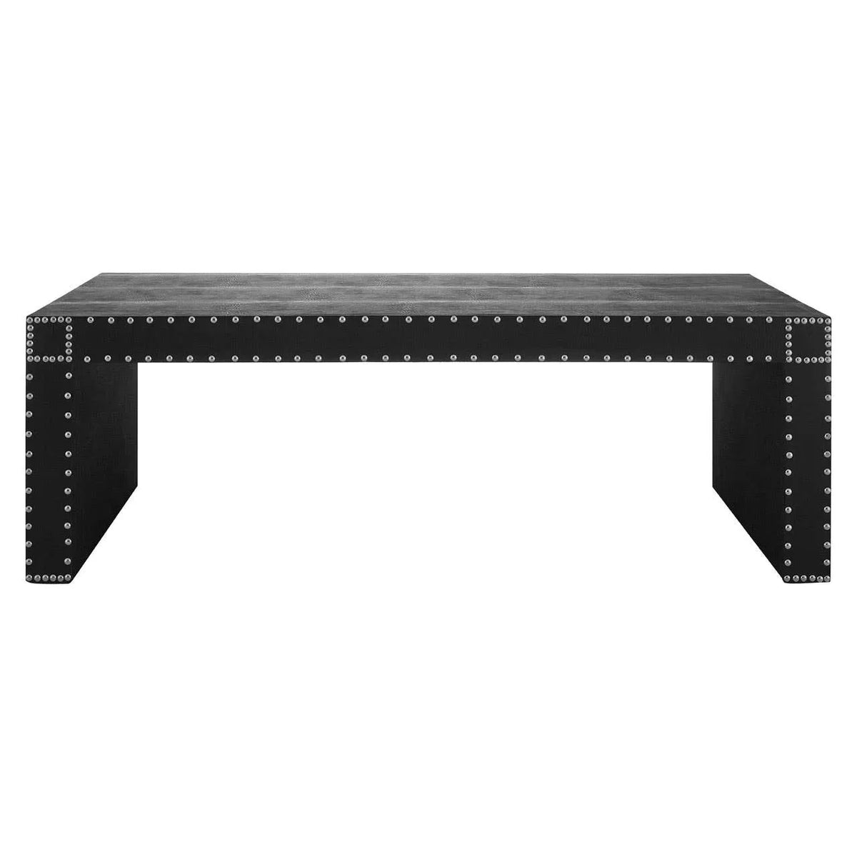 Black rectangular dining table with silver stud detailing, modern minimalist design