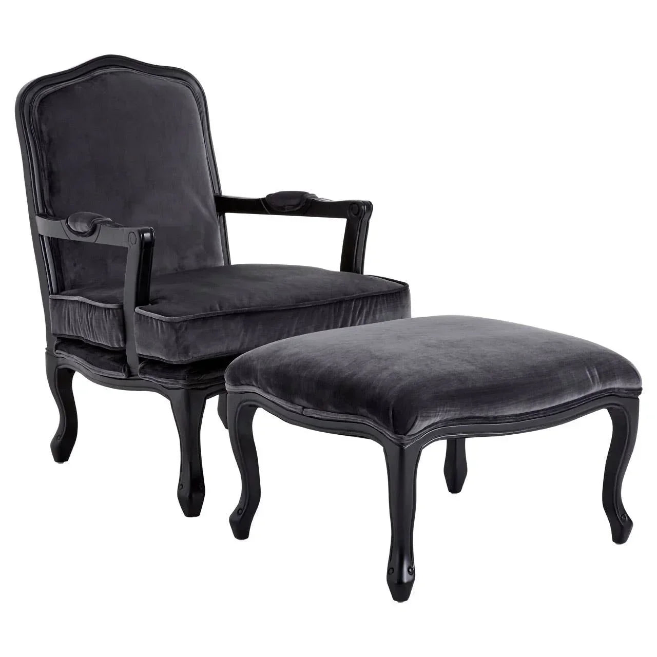 Black velvet armchair with matching footstool and carved wooden legs